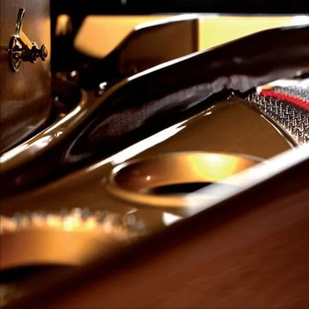 Close-up of piano strings and inner mechanism with warm lighting.