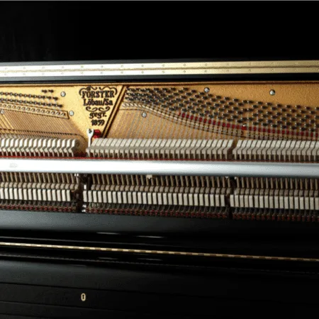 Close-up of piano hammers and strings inside a grand piano.