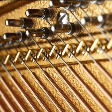 Close-up of piano strings and tuning pins inside a piano.