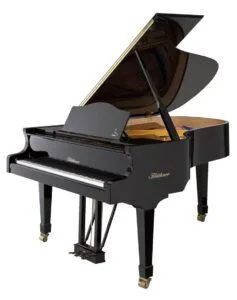 Black grand piano with open lid and polished finish.