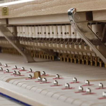 Close-up of piano hammers and strings inside the instrument.