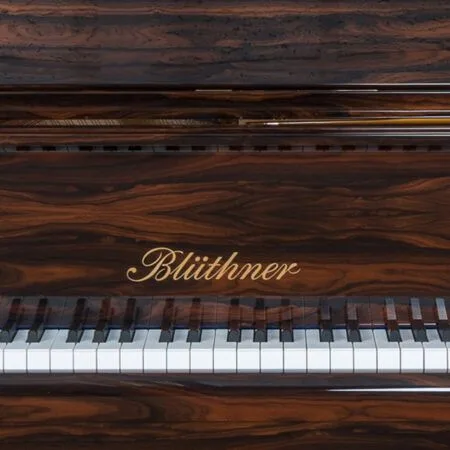 Close-up of a Blüthner piano keyboard and wood finish.
