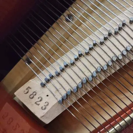 Close-up of piano strings and tuning pins with serial number 4823.