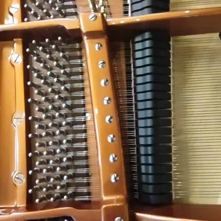 Close-up of piano strings and tuning pins inside a wooden frame.