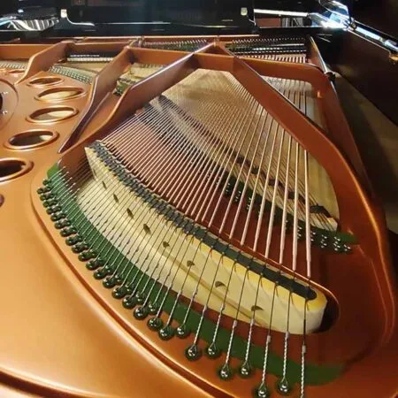 Close-up of a grand piano's string and tuning pins inside the body.