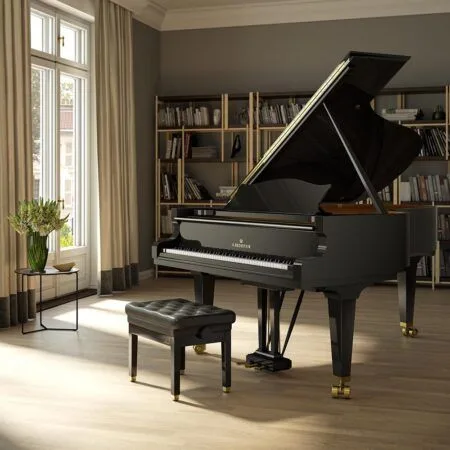 Elegant grand piano in a cozy, sunlit living room with bookshelves.