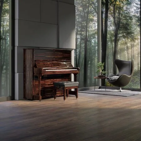 Rustic piano by large windows in a serene forest setting.