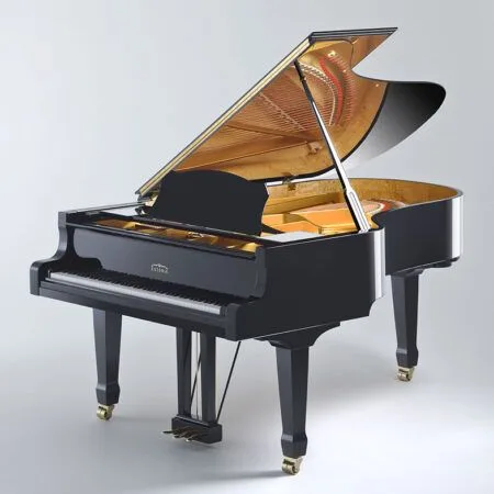 A polished black grand piano with its lid open.