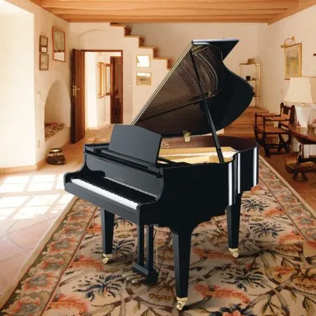 A grand piano in a cozy, sunlit living room with wooden accents.