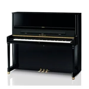 A sleek black upright piano with three pedals and a closed lid.