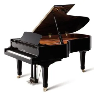 A polished black grand piano with its lid open, showcasing elegant design.