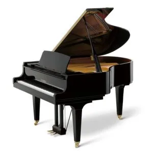 A glossy black grand piano with its lid open.