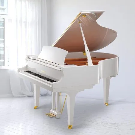 Elegant white grand piano in a bright, airy room.