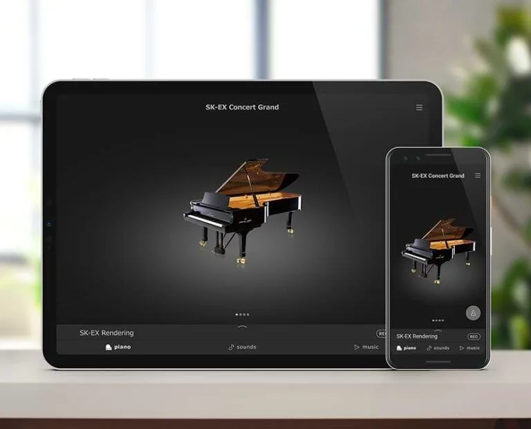 A digital piano app interface displayed on a laptop and smartphone.