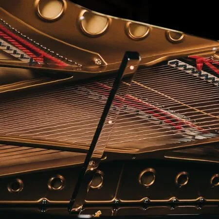 Close-up of piano strings and tuning pins inside a grand piano.