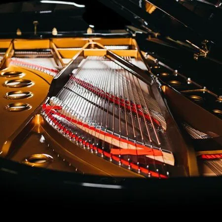 Close-up of the strings and interior mechanics of a grand piano.