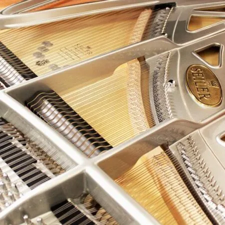 Close-up of a piano's inner strings and metal frame.