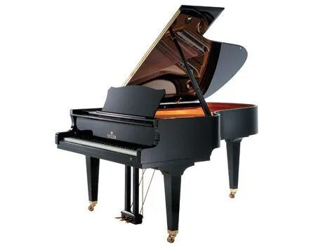 A sleek black grand piano with its lid open.