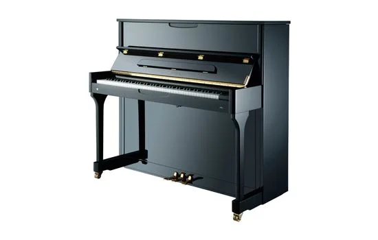 A sleek black upright piano with three pedals and an open keyboard cover.