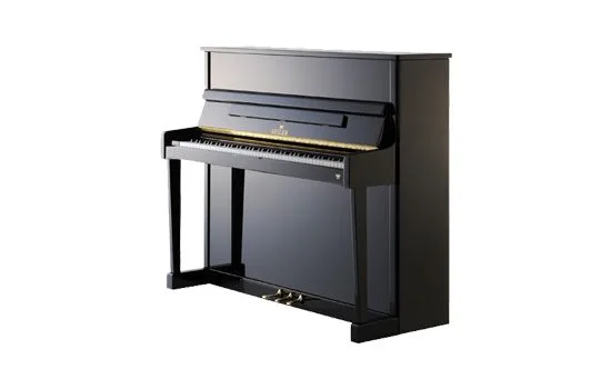 A sleek black upright piano with a polished finish.
