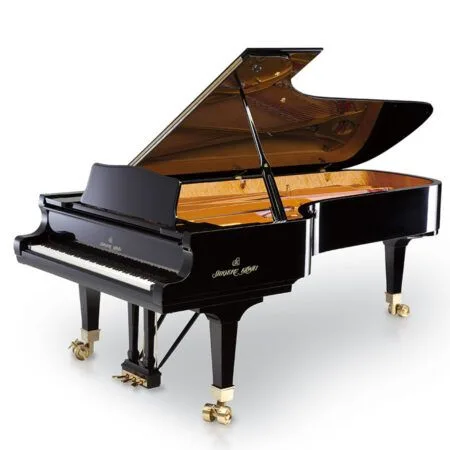 Elegant black grand piano with open lid and golden accents.