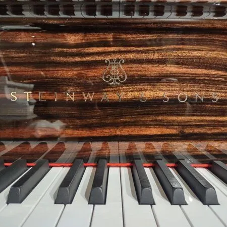 Close-up of a piano keyboard and strings inside the piano.