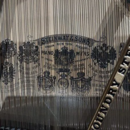 Close-up of piano strings and internal label showing 'Chickering & Sons' and serial number.
