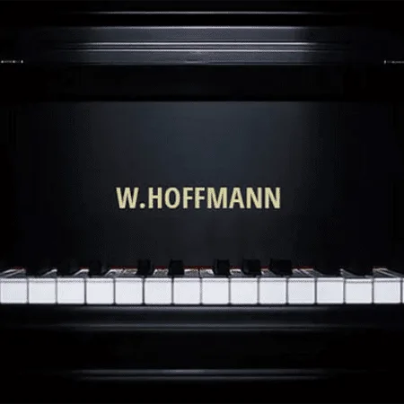 Close-up of W. Hoffmann piano keys and brand name.