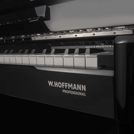 Close-up of a black Hoffmann Professional piano keyboard.