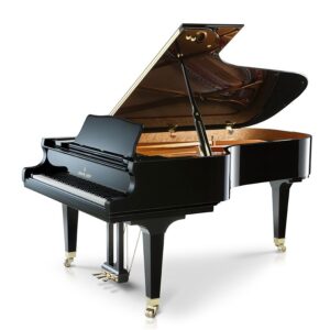 Elegant black grand piano with open lid on white background.