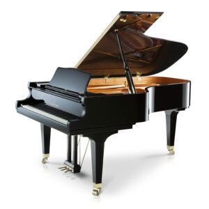Elegant black grand piano with open lid.