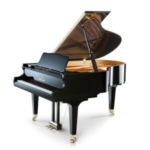 A black grand piano with its lid open.