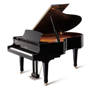 A sleek black grand piano with its lid open, showcasing its strings and keys.
