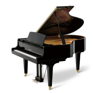 A glossy black grand piano with its lid open.