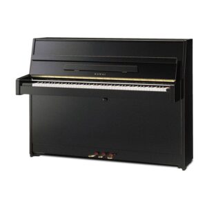 A black upright piano with three pedals.