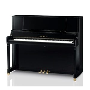 A sleek black upright piano with three pedals and white keys.