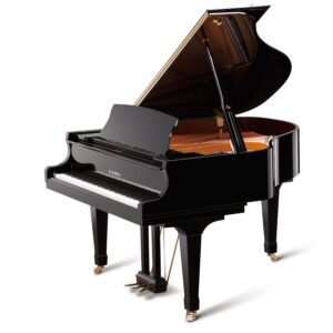 A glossy black grand piano with its lid open.