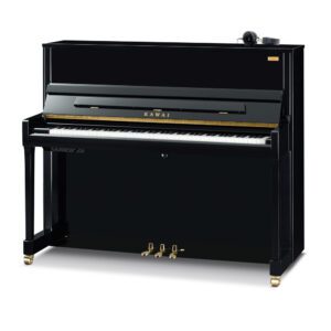 A polished black upright piano with three pedals and a glossy finish.