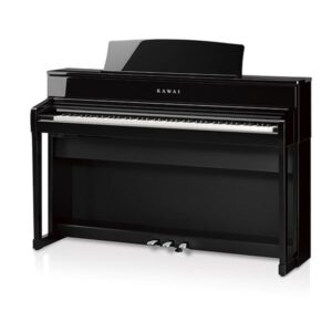 A sleek black upright piano with glossy finish.