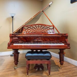 Elegant grand piano with intricate woodwork in a cozy room.