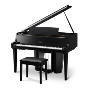 Black grand piano with matching bench.