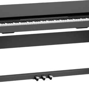 Digital upright piano with three pedals.