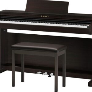 Digital piano with matching bench and pedals.