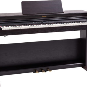 Digital upright piano with three pedals.