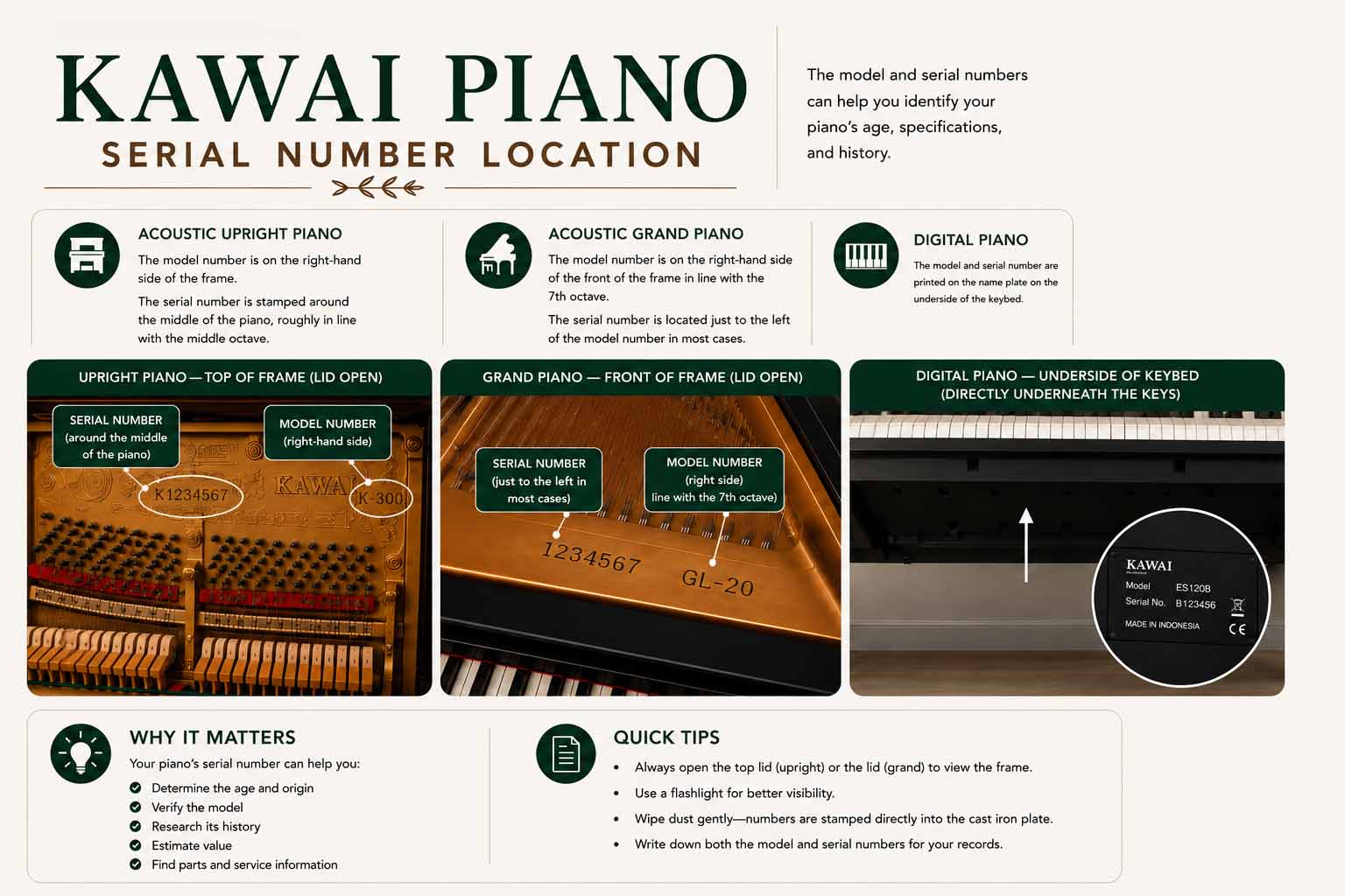 Finding the Serial Number on Your Kawai Pianos: Uprights, Grands, & Digitals