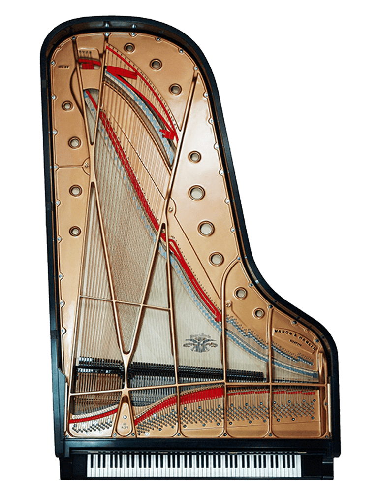 Close-up of the strings and inner soundboard of a grand piano.